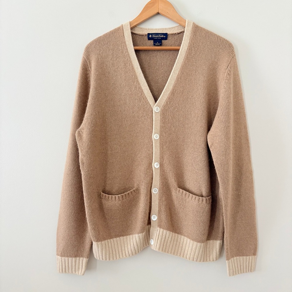 Brooks Brothers Mens Cardigan Sweater M Camel Tan 100% Camel Hair V-Neck Trim